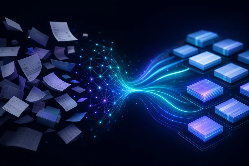 AIによる業務自動化のコンセプトイメージ。繰り返しの書類作業がAIで整理・自動化される様子。
